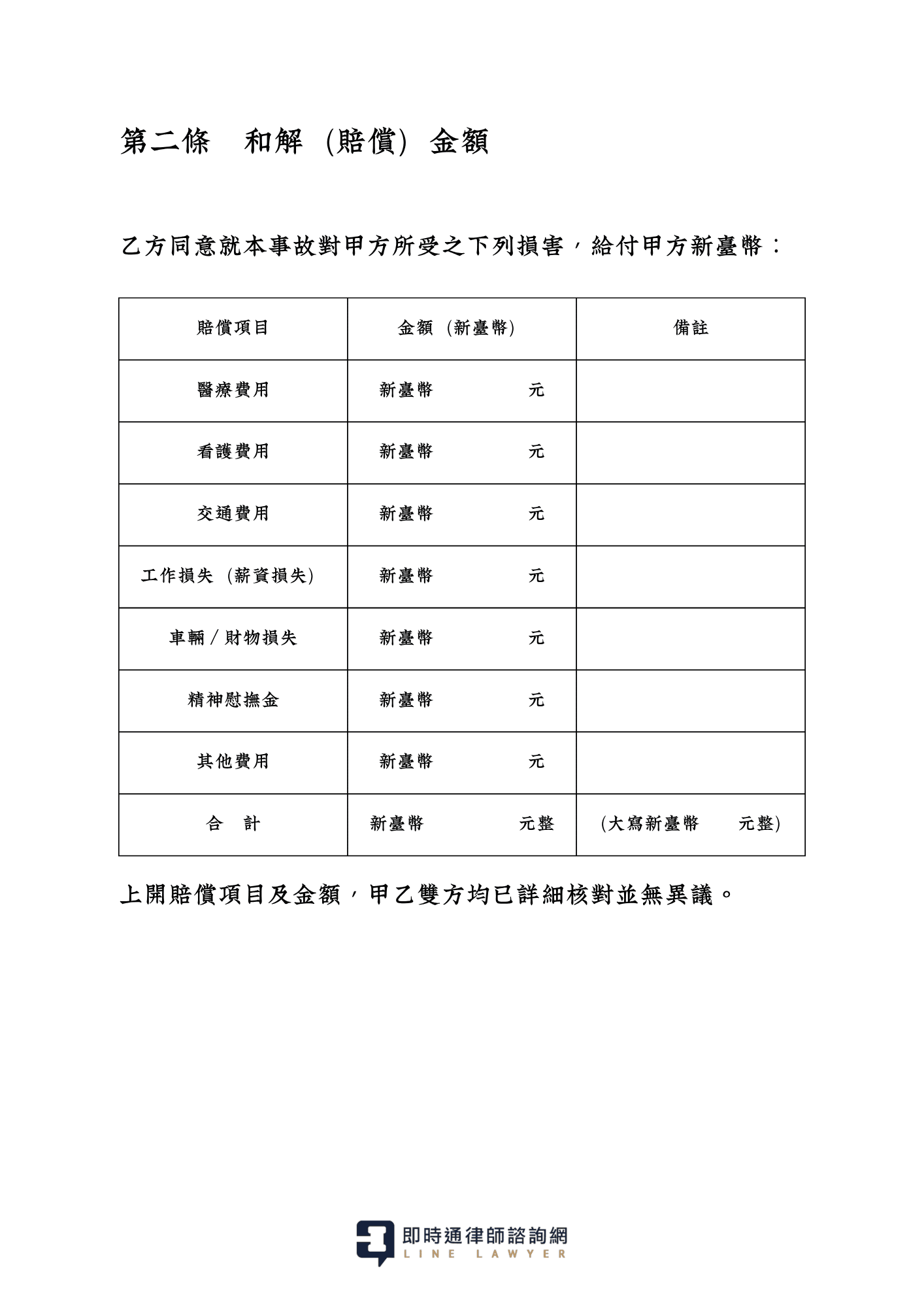 車禍和解書範本